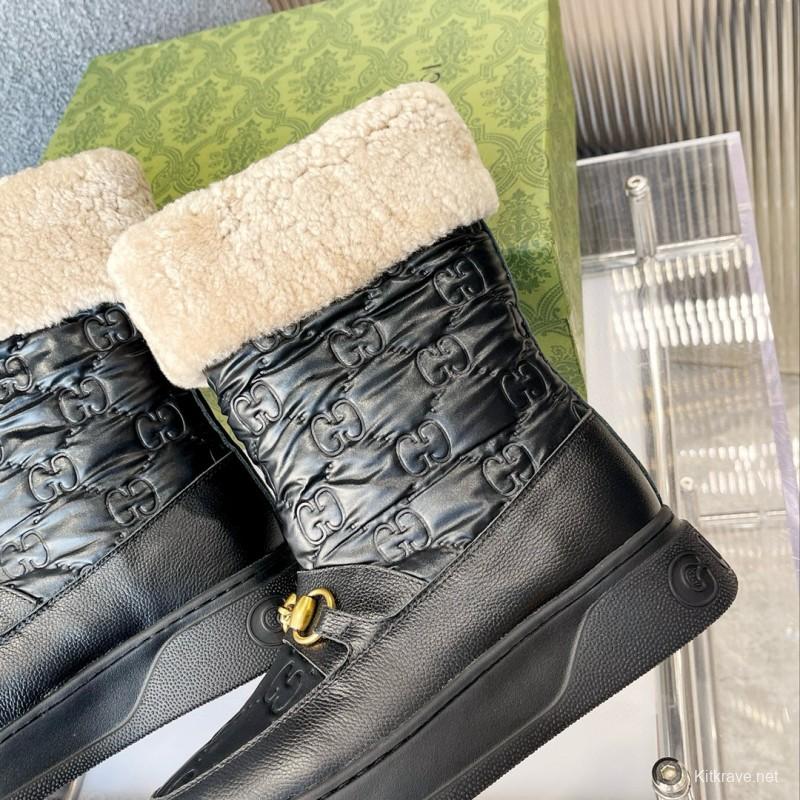 2024 Women Gucci Black Sheepskin Snow Boots Metallic Hardware MJ00420