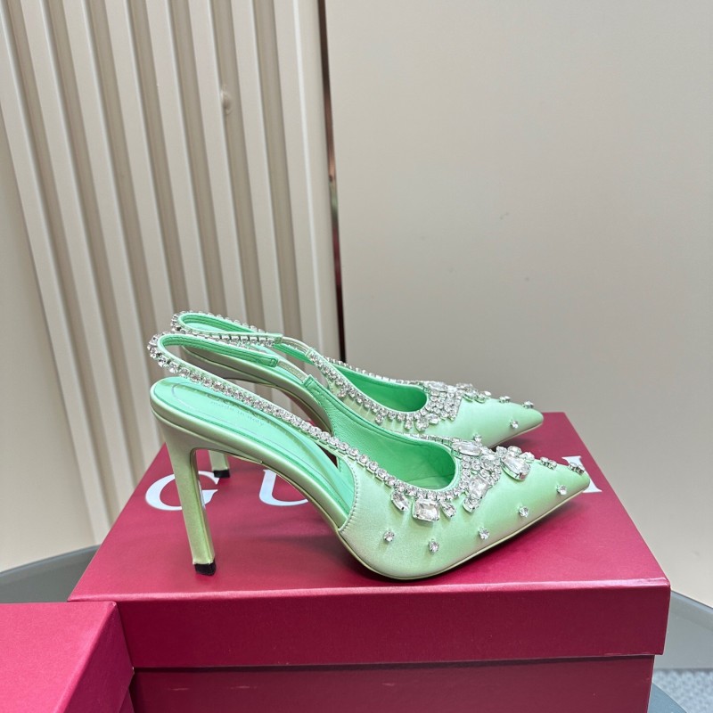 2025 Women Gucci Green Satin Slingback High Heel Crystal Embellished KFY00340