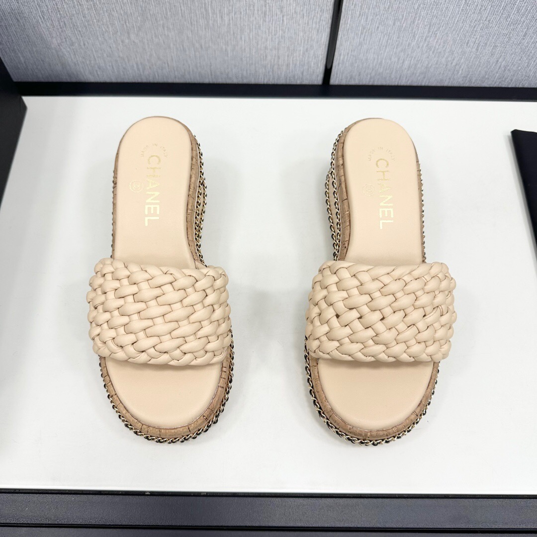 2025 Women Chanel Beige Leather Wedge Sandals