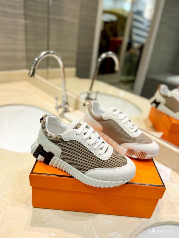 2024 Women Hermès beige white mesh leather sneakers