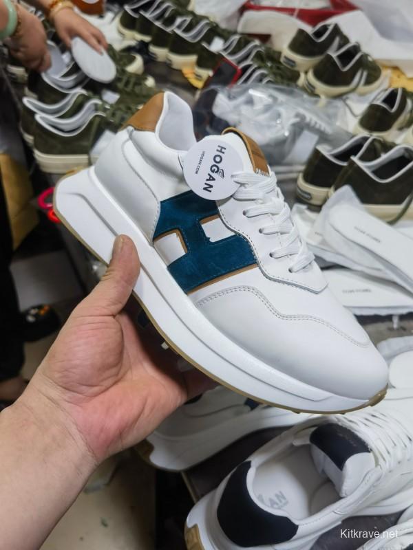 2025 Unisex HOGAN White Blue Brown Leather Sneakers H-STRIPES LY00360(F)/LY00370(M)