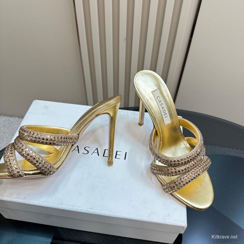 2025 Women Casadei Gold Glitter Leather High Heel Sandals