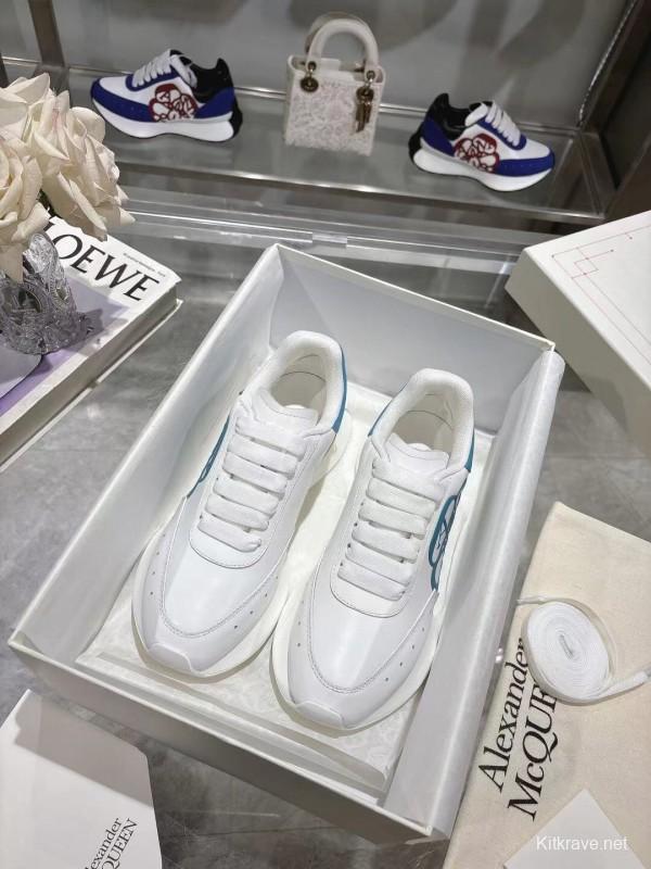 2025 Women Alexander McQueen White Blue Leather Sneakers LY00340