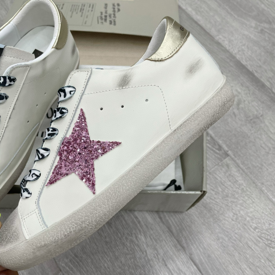 2025 Women GGDB White Pink Leather Sneakers Glitter Star