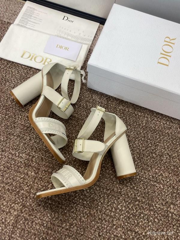 2025 Women Dior White Calfskin Leather Embroidered Sandals KFY00320