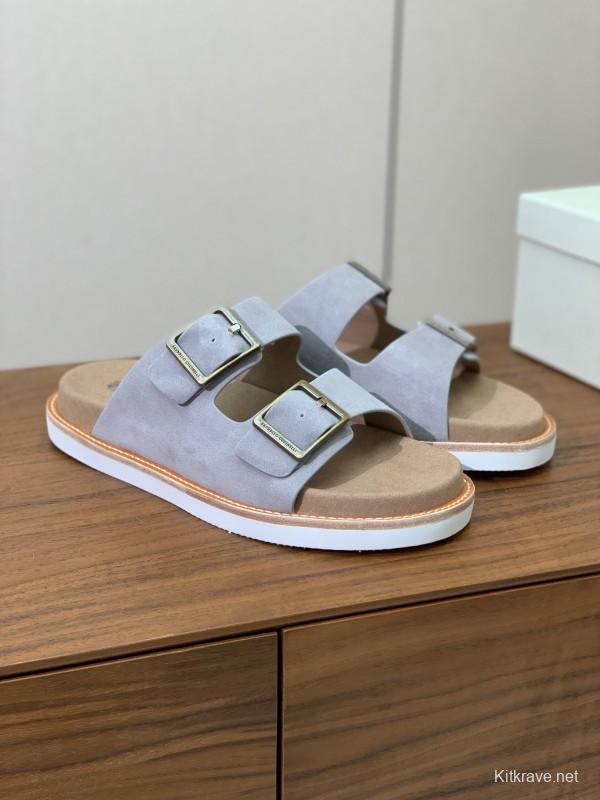 2025 Unisex Brunello Cucinelli Light Grey Suede Casual Sandals With Adjustable Buckles KFY00250
