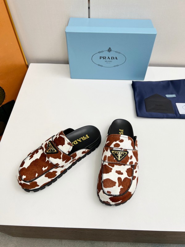 2025 Women Prada Brown White Cowhair Leather Slippers LY00270