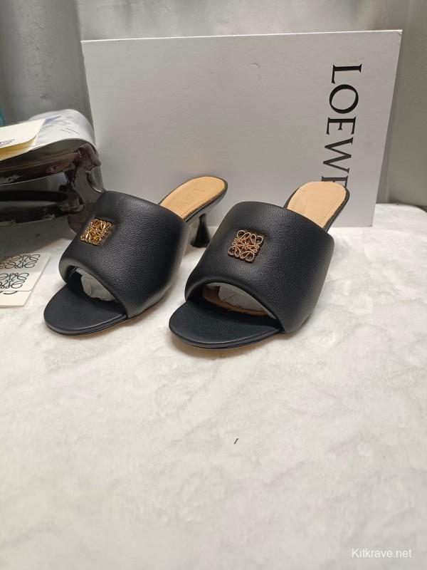 2025 Women Loewe Black Leather Slippers