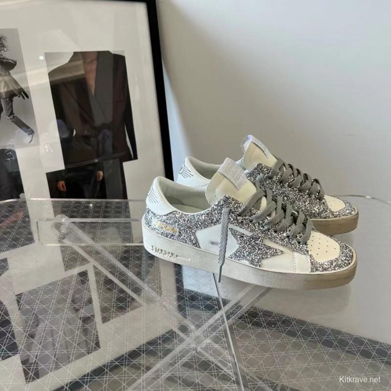 2024 Unisex GGDB White Silver Leather Glitter Low-Top Sneakers MJ00260