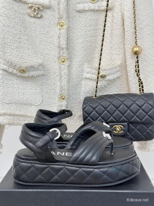 2025 Women Chanel Black Leather Sandals Platform