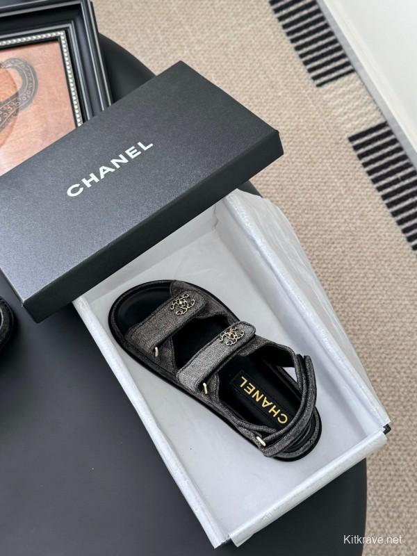 2025 Women Chanel Black Fabric Sandals LY00320
