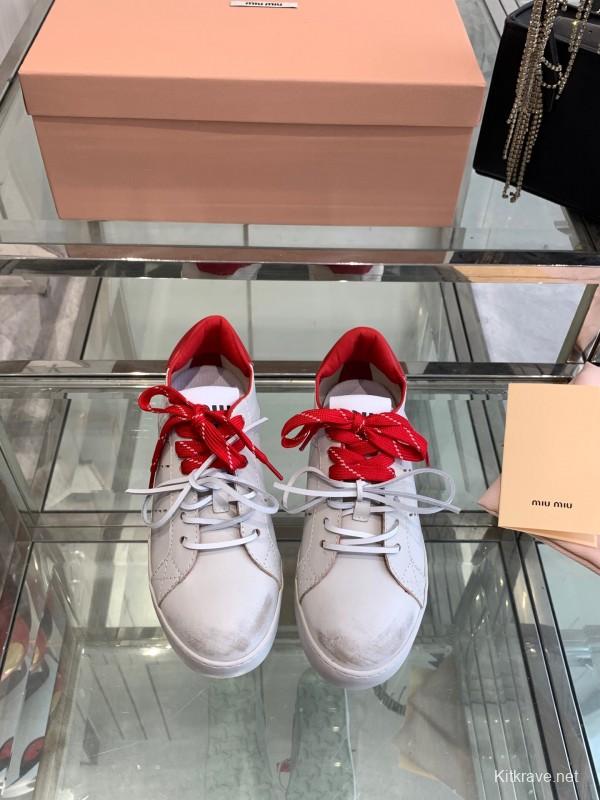 2025 Women Miu Miu White Red Leather Sneakers LY00290