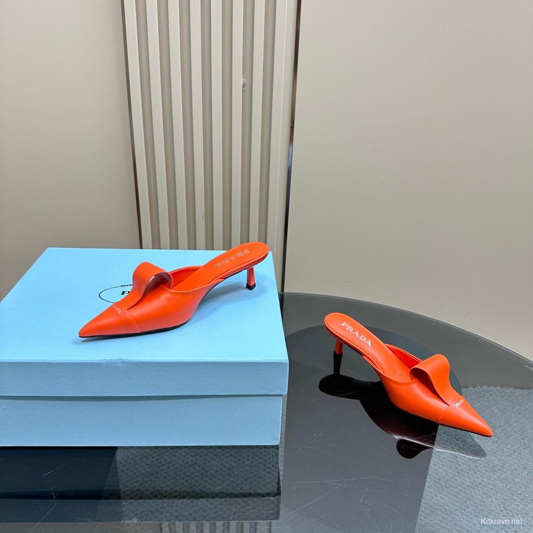 2025 Women Prada Orange Leather Pointed Toe Heels KFY00310