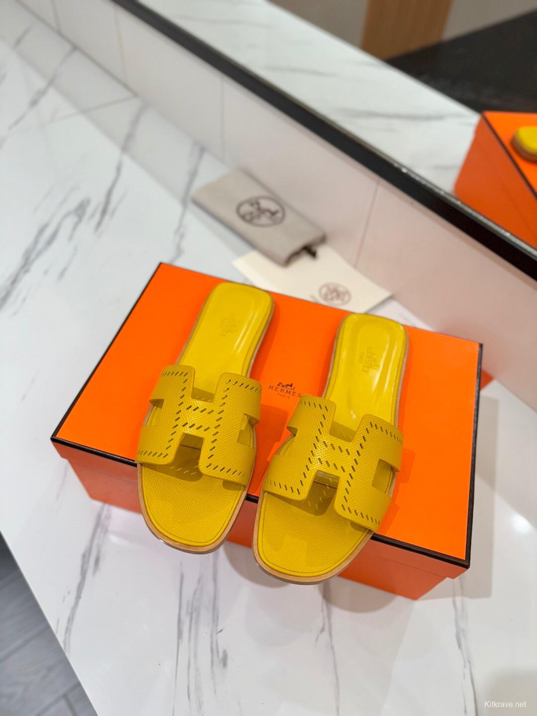 2025 Women Hermès Yellow Leather Slippers