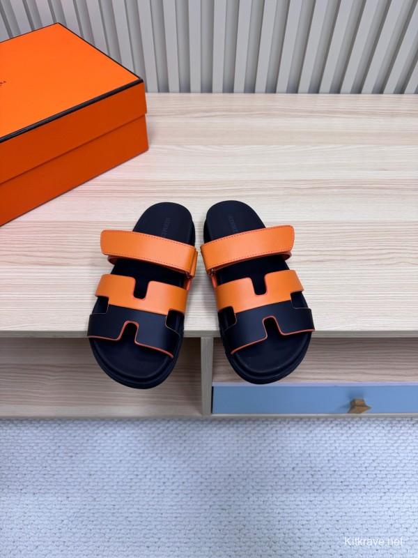 2025 Women Hermès Orange Black Leather Slippers