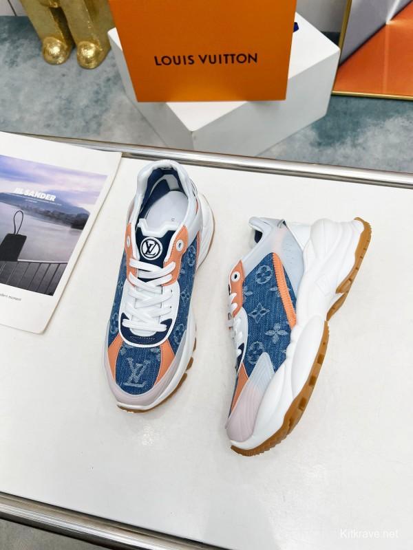 2025 Unisex Louis Vuitton Blue Orange White Leather Mesh Rubber Sneakers Monogram LY00340