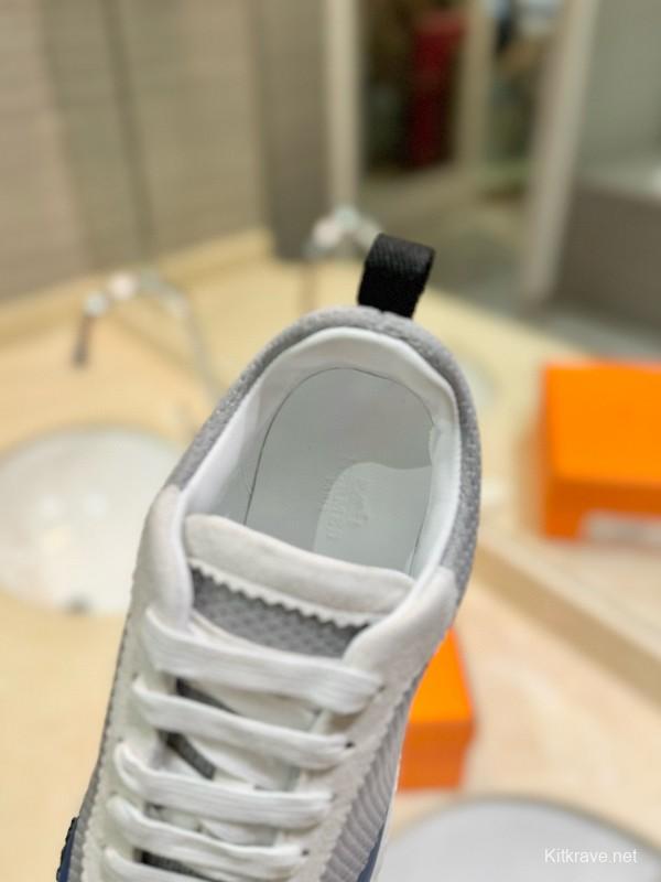 2024 Unisex Hermès Blue Grey Orange Suede Rain Cloth Sneakers MJ00320