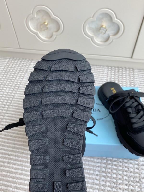 2025 Women Prada Black Nylon Leather Sneakers LY00290