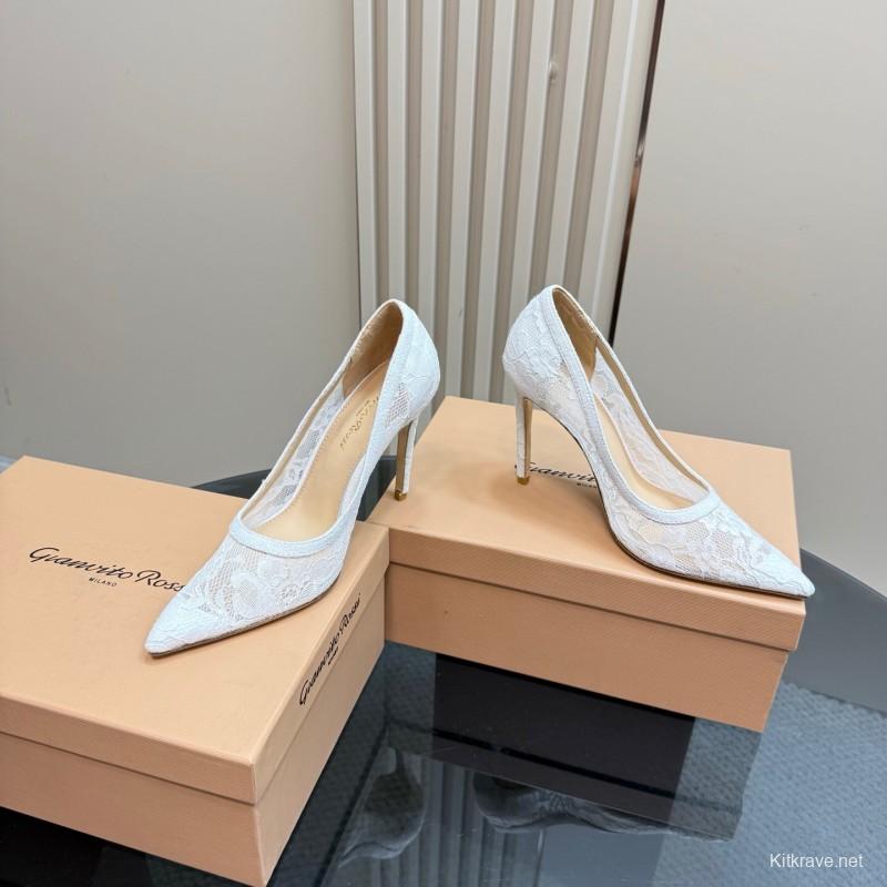 2025 Women Gianvito Rossi White Lace High Heel Shoes KFY00280