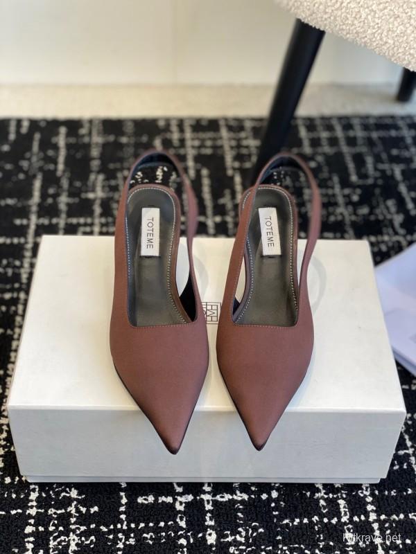 2025 Women Toteme Brown Satin Slingback Pointed Toe Heels