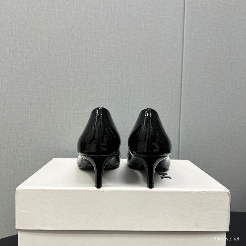 2025 Women Celine Black Patent Leather Pointed Toe Buckle Pumps KFY00290