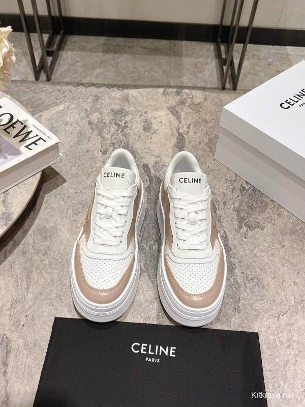 2025 Women Celine Beige White Leather Platform Sneakers