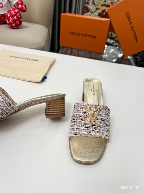 2025 Women Louis Vuitton Pink White Tweed Leather Heeled Mules LY00220