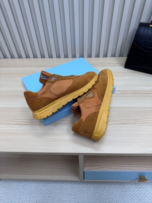 2025 Women Prada Brown Suede Nylon Sneakers LY00300