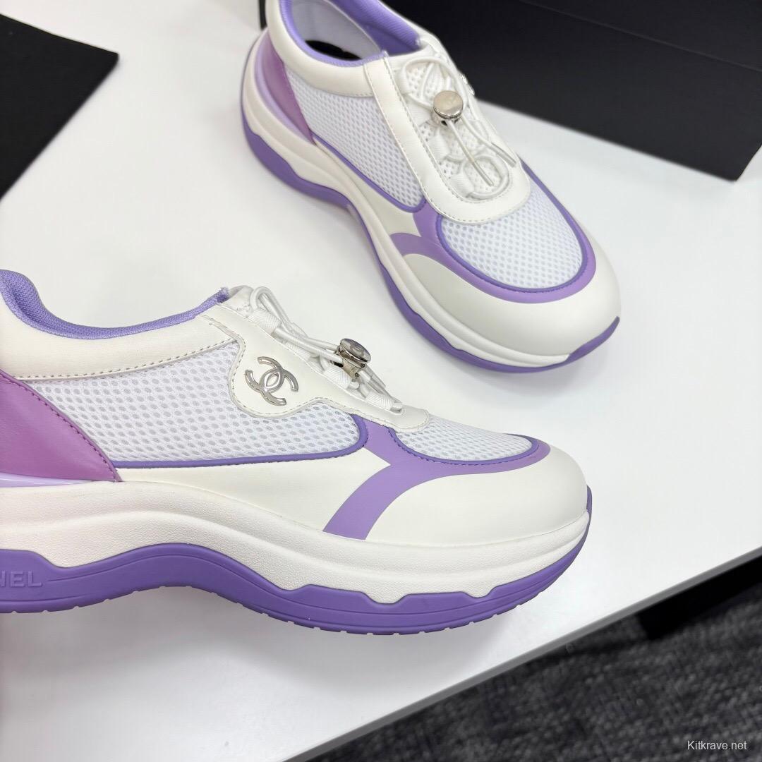 2025 Women Chanel White And Purple Leather And Mesh Casual Sneakers Chunky Sole Classic Logo LY00360(F)