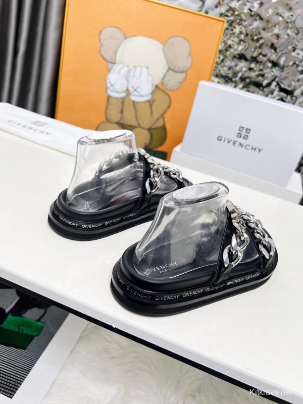 2025 Women Givenchy Black Leather Sandals Chain LY00250