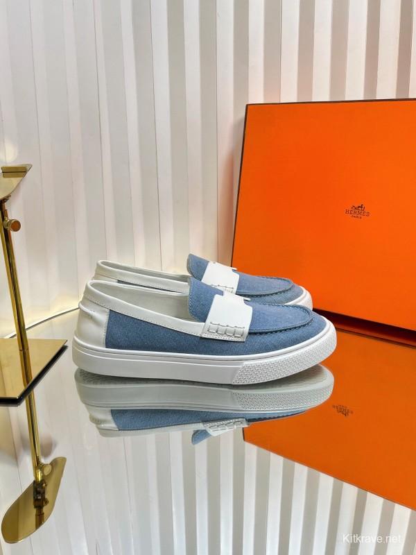 2025 Women Hermès Blue White Leather Canvas Loafers LY00310