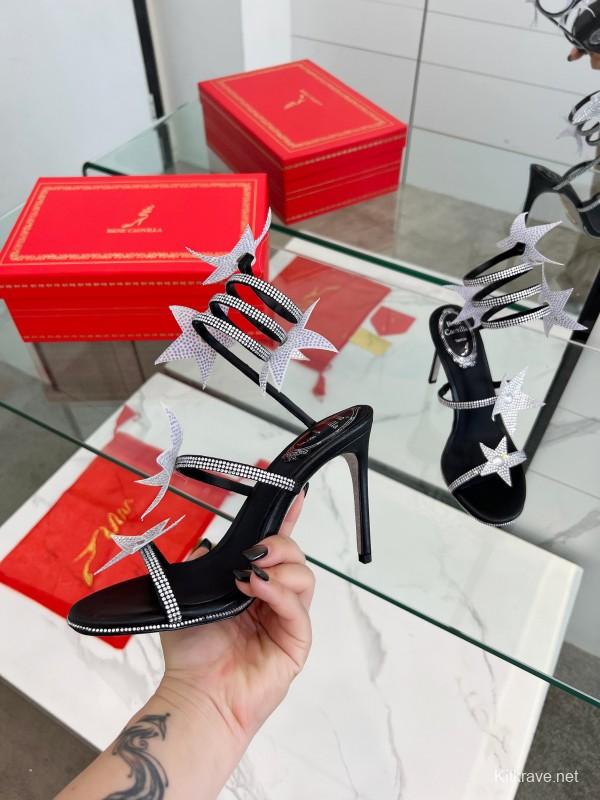 2025 Women RC Black Silver Silk Crystal High Heel Spiral Lace Sandals LY00340