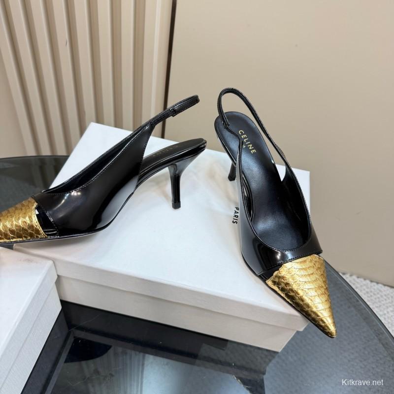 2025 Women CELINE Black Gold Leather Slingback Heels