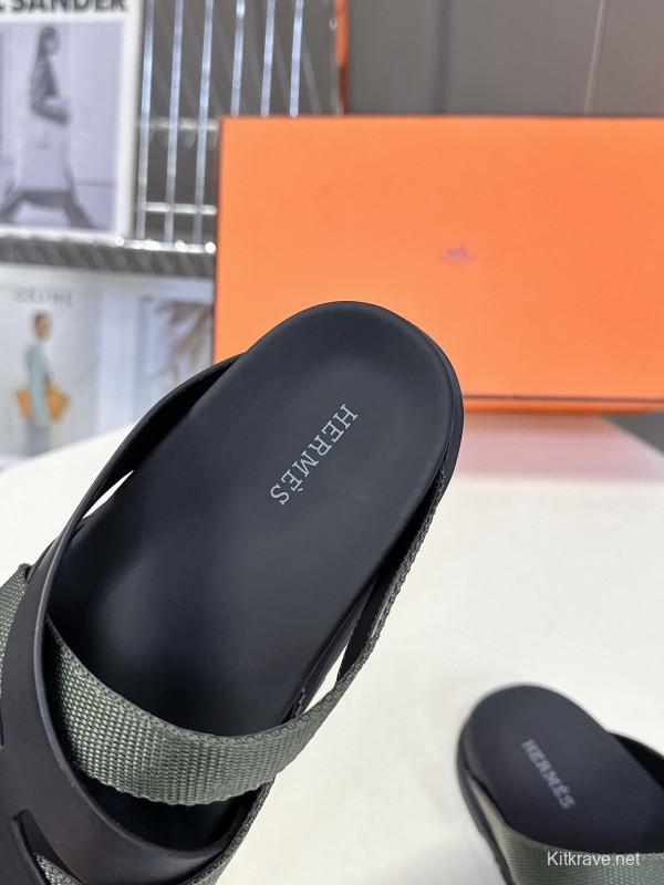 2025 Slippers Hermès Black Green Leather Fabric Slippers