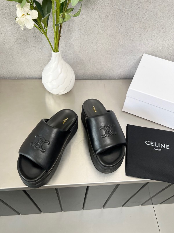 2025 Women Celine Black Leather Slippers