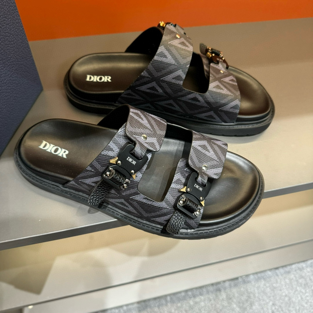2024 Men Dior Black Grey Canvas Leather Slippers MJ00200
