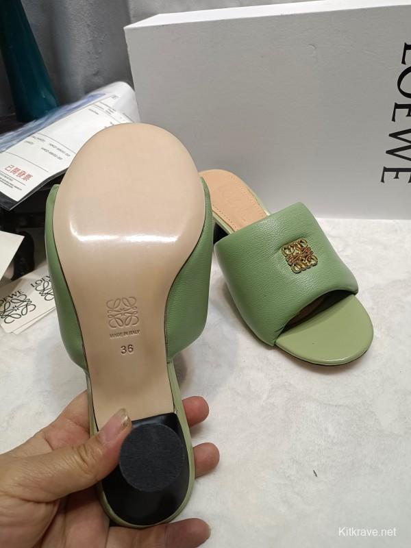 2025 Women Loewe Green Leather Slippers