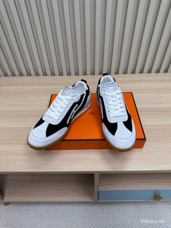 2025 Unisex Hermès White Black Suede Down Fabric Sneakers Top Version KFY00300