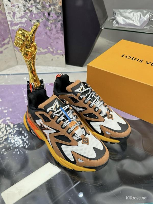 2025 Men Louis Vuitton Brown White Black Mesh Leather Sneakers MJ00420