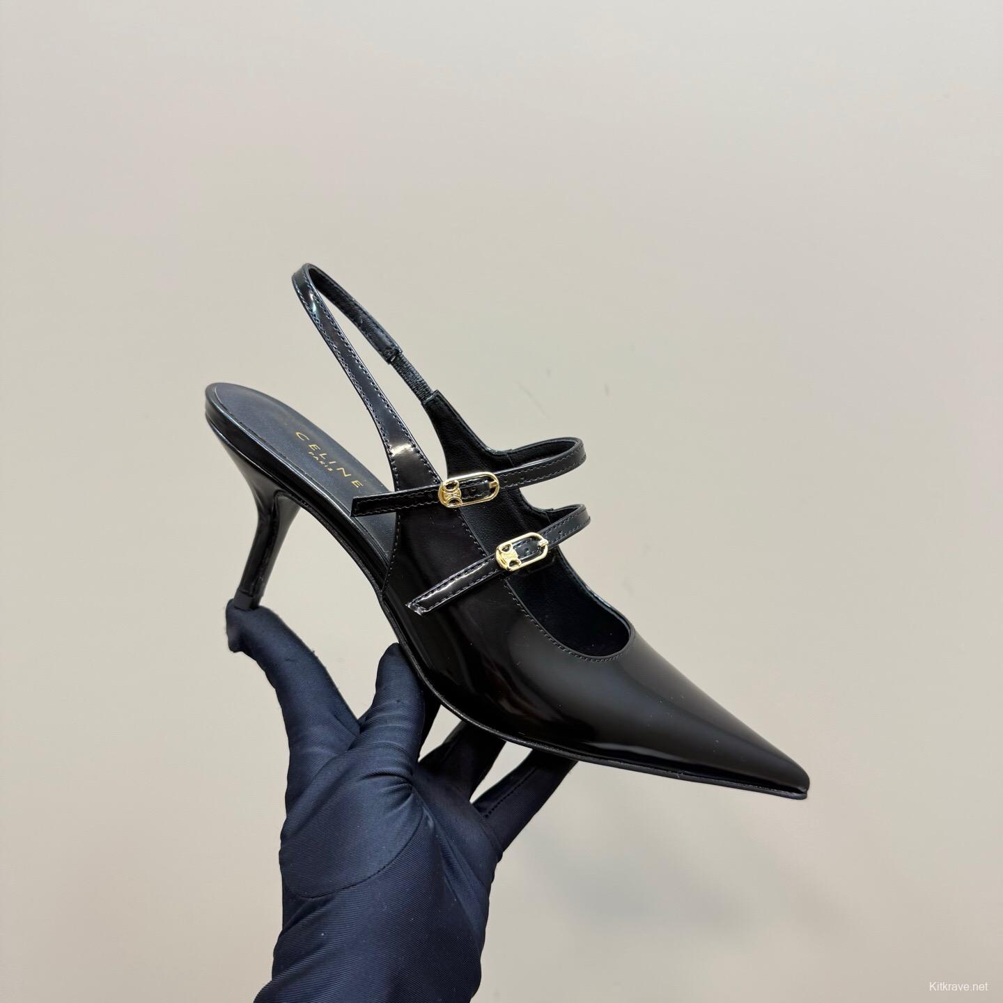 2025 Women CELINE Black Patent Leather Slingback Heels