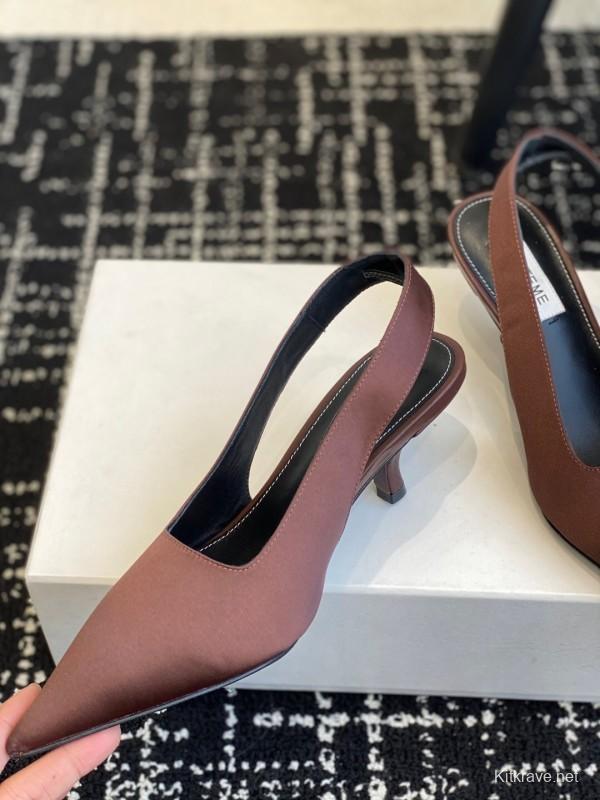 2025 Women Toteme Brown Satin Slingback Pointed Toe Heels