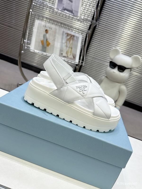 2025 Women Prada White Leather Sandals KFY00280