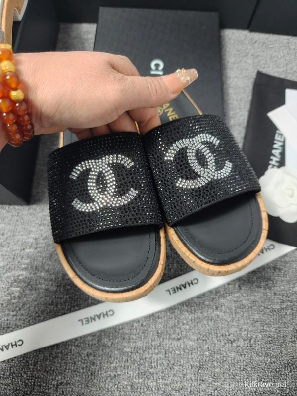2025 Slippers Chanel Black Crystal Women