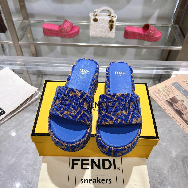 2025 Slippers Fendi Blue Brown Fabric FF Jacquard Platform