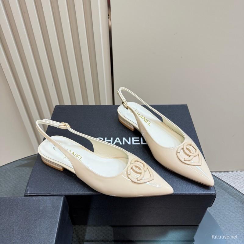 2025 Women Chanel Beige Patent Leather Slingback Heels KFY00290