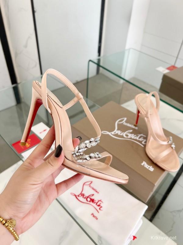 2025 Women ChristianLouboutin Champagne Silk High Heel Crystal LY00300