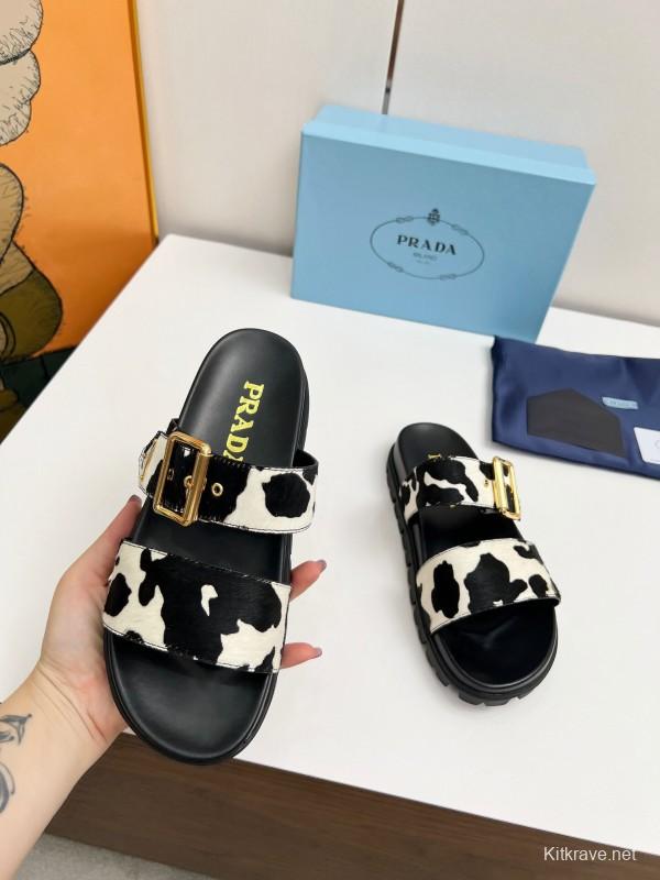 2025 Women Prada Black White Calf Hair Leather Sandals LY00260