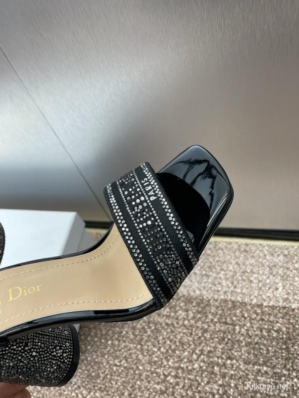 2025 Women Dior Black Patent Leather Crystal High Heel Sandals KFY00320