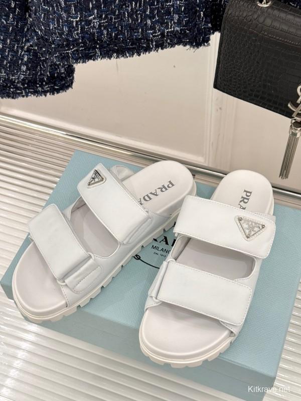 2025 Women Prada White Leather Slippers KFY00240
