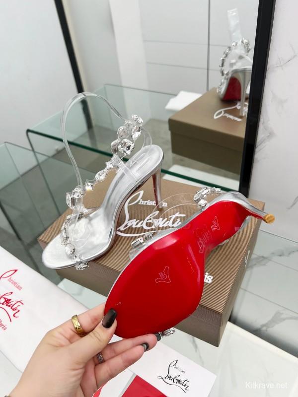 2025 Women Christian Louboutin Silver PVC Crystal High Heel Sandals LY00300